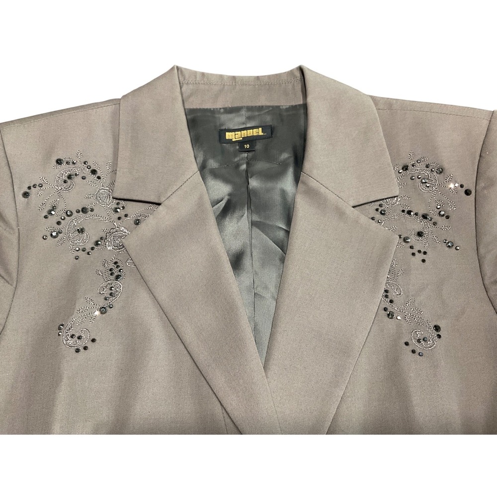 Manuel Blazer Embroidered Rhinestone Cotton Taupe 10 Western Boho Chic